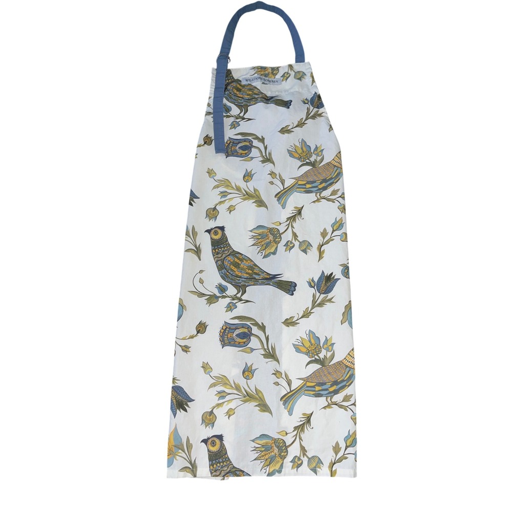 Williams Sonoma Bird Botanical Print Cotton Apron Blue Yellow Floral